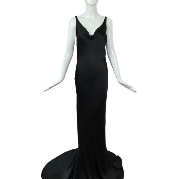 LES HABITUDES 2016 Black Liquid Silk Cowl Evening Gown Lace Maxi Dress - Picture 4 of 9